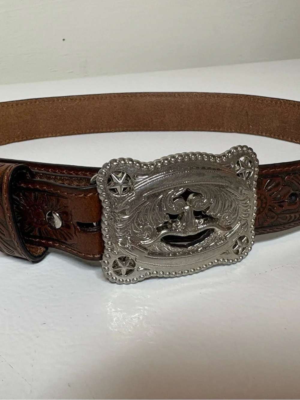 Boys Brown Leather Western Belt with Silver Decorative Buckle